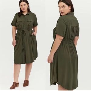 Olive Green Twill Button Front Drawstring Shirt Dress